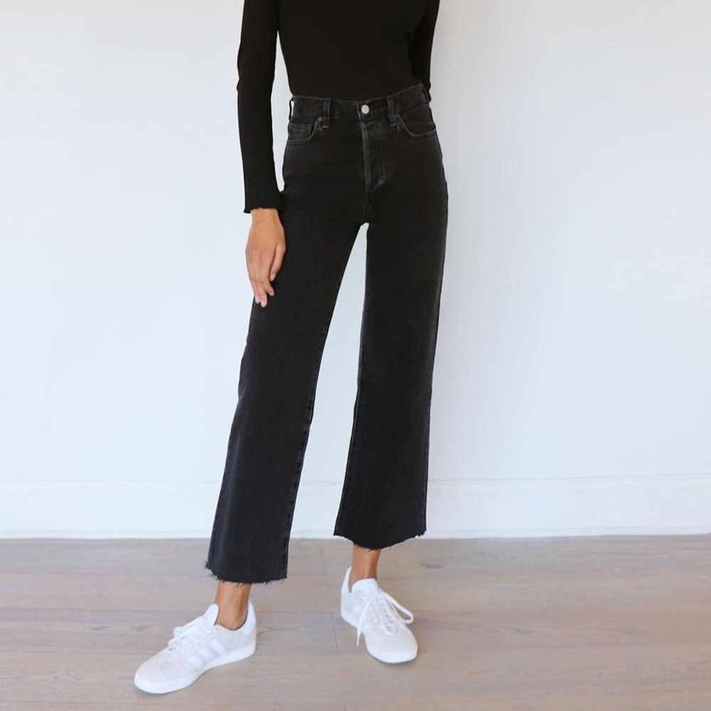 Denim Forum The Farrah Hi-Rise Wide Leg Jeans Black Raw Hem Size 26